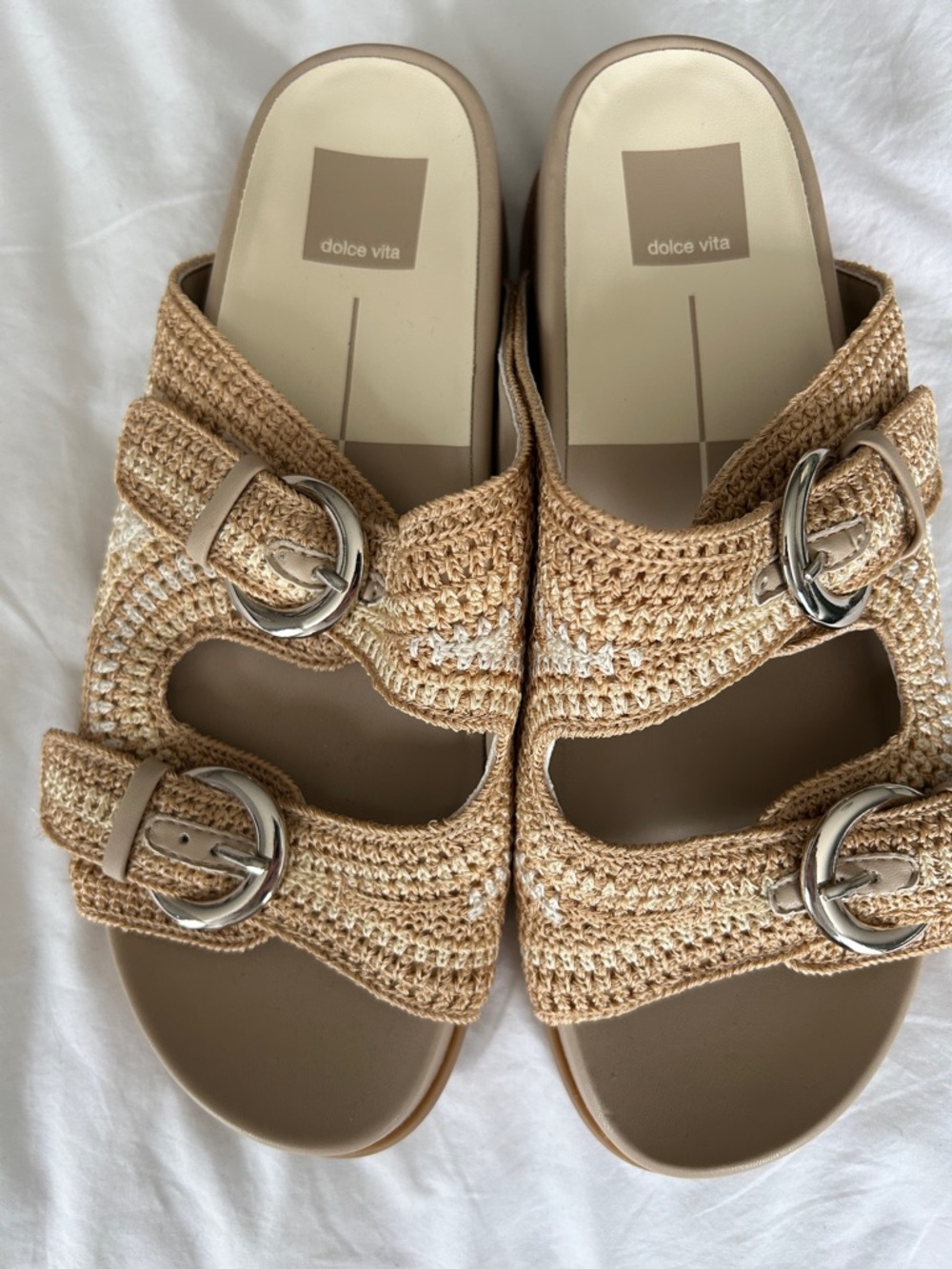 Dolce Vita Natural Beige Crochet Double-Buckle Mules